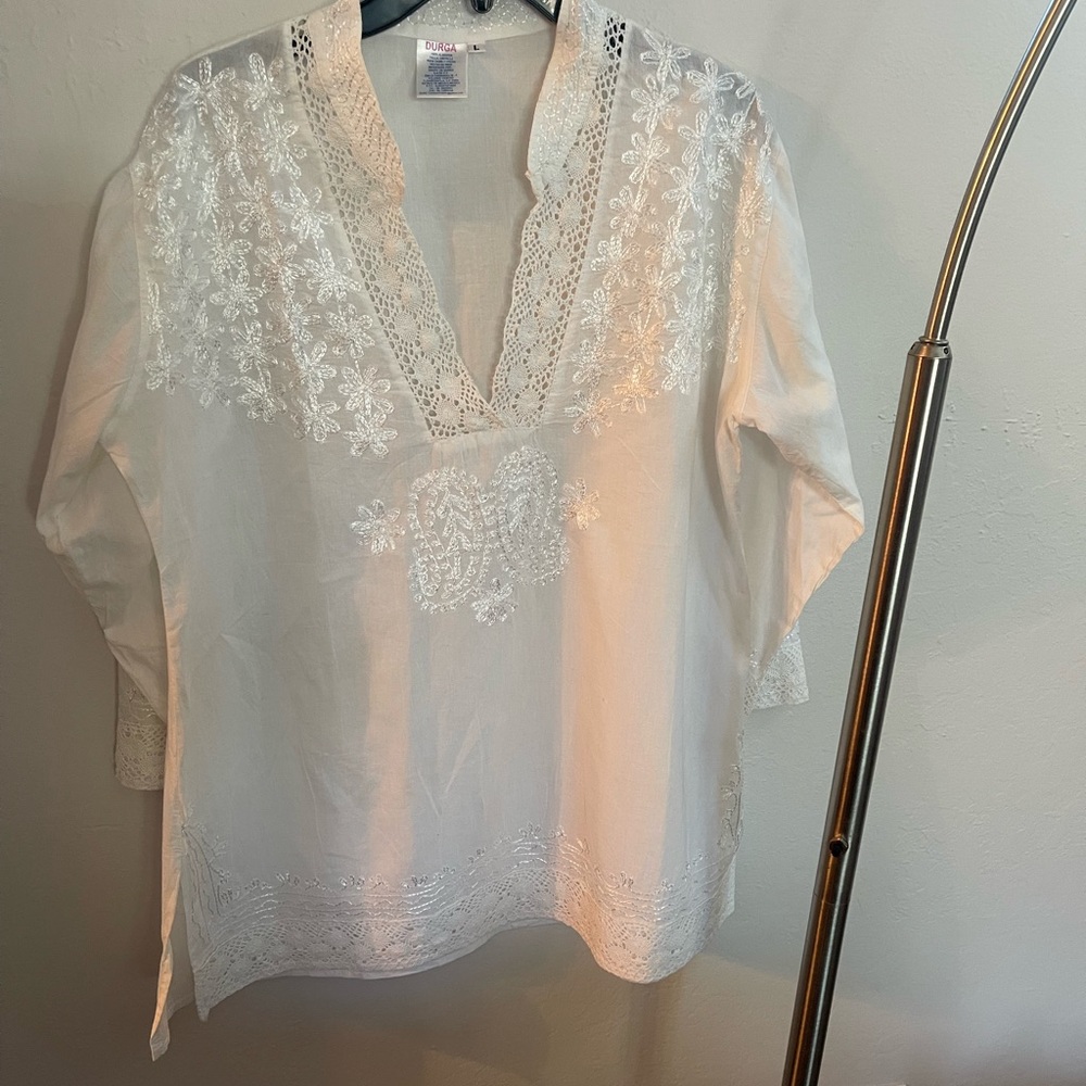 White cotton tunic length embroidered top